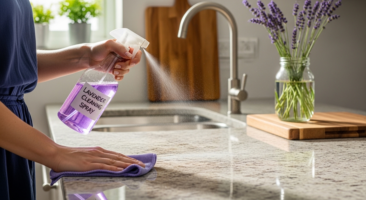 Aceites esenciales que realmente funcionan para limpiar tu casa 1 Spray casero de limpieza con aceite esencial de lavanda siendo utilizado en superficie de cocina