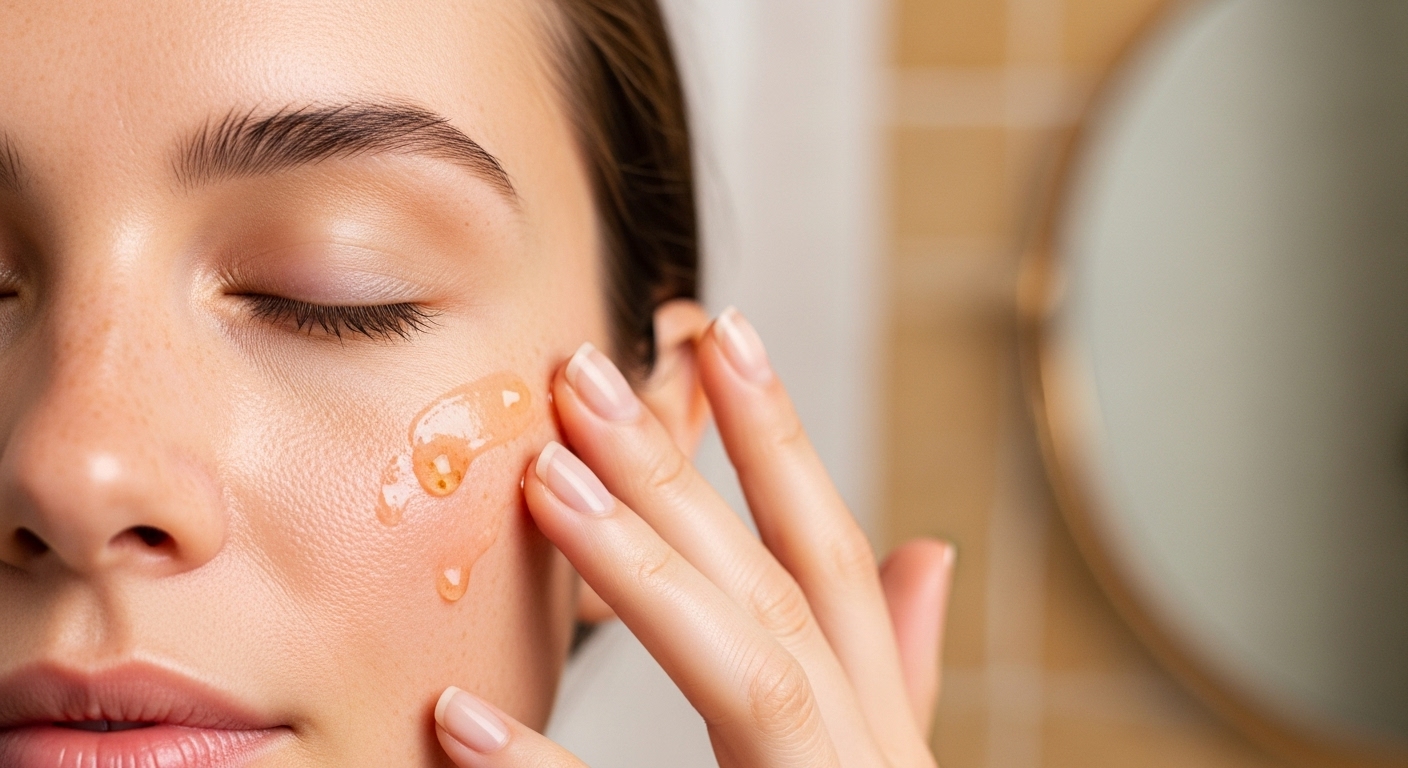 Sérum de Vitamina C: Guía Definitiva para una Piel Radiante 1 Aplicacion de serum de vitamina C en el rostro con las yemas de los dedos