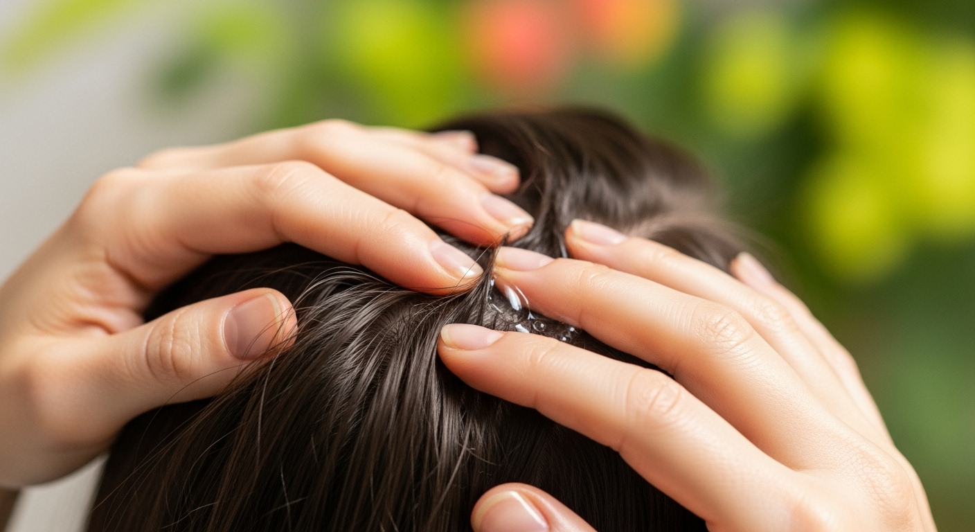 Un tónico natural para apoyar la salud y el crecimiento de tu cabello 1 Manos aplicando un tonico capilar natural en el cuero cabelludo con un suave masaje