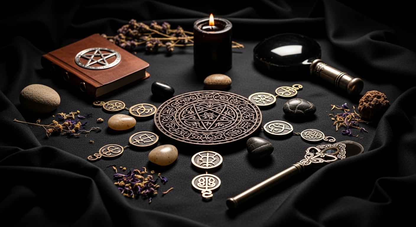 Simbolos esotericos y elementos ritualisticos dispuestos sobre tela oscura