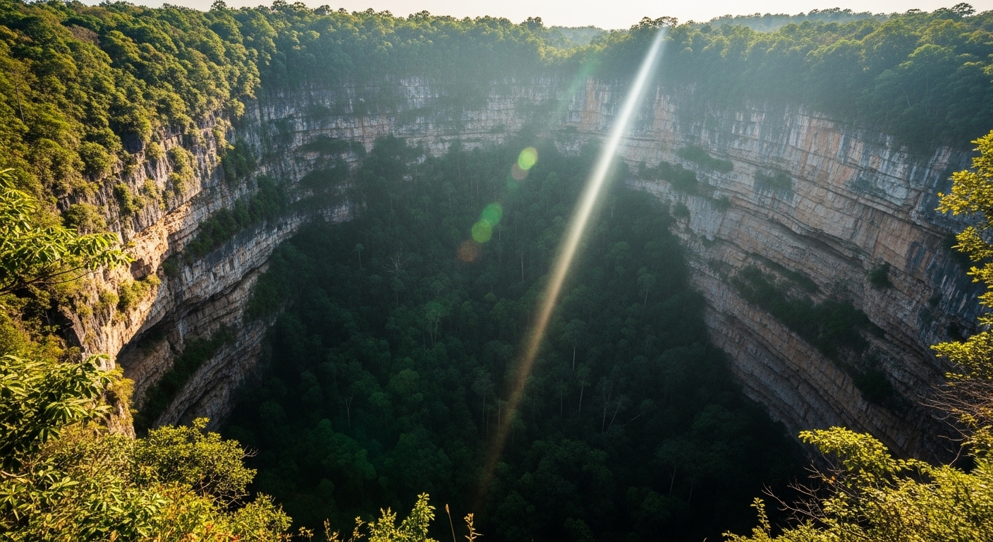 Bosques Ocultos en las Fosas Celestiales de China 1 Vista aerea de un enorme sumidero karstico con un denso bosque en su fondo en Guangxi China