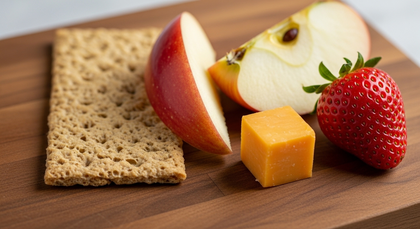La ciencia detrás de la "regla de los 5 segundos": ¿mito o realidad? 2 Alimentos comunes de diferentes niveles de humedad galleta manzana queso fresa sobre una tabla de madera