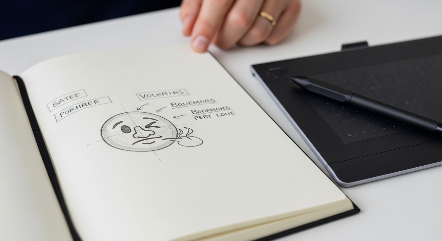 El significado oculto de los emojis que quizás uses mal (según sus creadores) 1 Boceto y diseno original de un emoji en una libreta de dibujo mostrando el proceso creativo