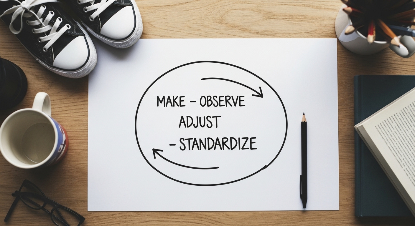 Método Kaizen para tu vida personal: cómo aplicar la mejora continua de 1 minuto 1 Diagrama del ciclo de mejora continua Kaizen Haz Observa Ajusta Estandariza en un entorno domestico