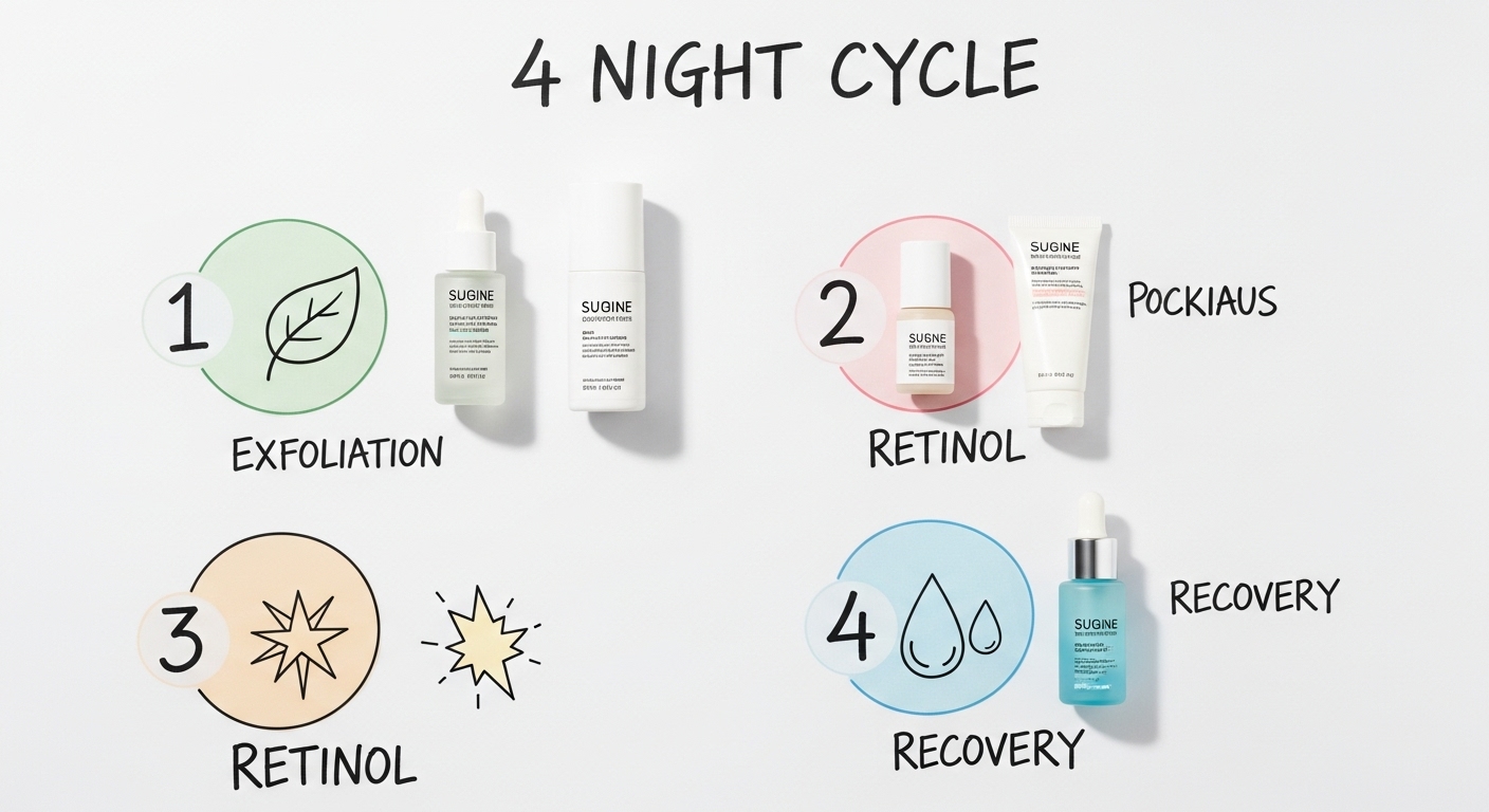 Rutina de Piel "Skin Cycling": Qué Es y Por Qué Está Revolucionando el Cuidado Facial 1 Diagrama visual del ciclo de 4 noches del skin cycling exfoliacion retinol recuperacion y recuperacion