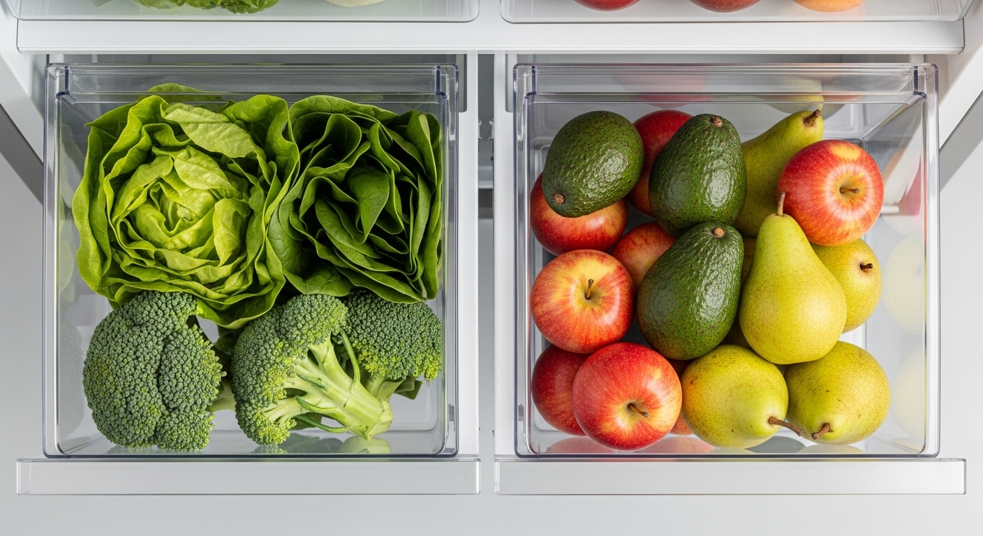 Cómo organizar tu nevera para que la comida dure más (método científico) 2 Dos cajones de nevera separando correctamente verduras sensibles al etileno de frutas que lo producen