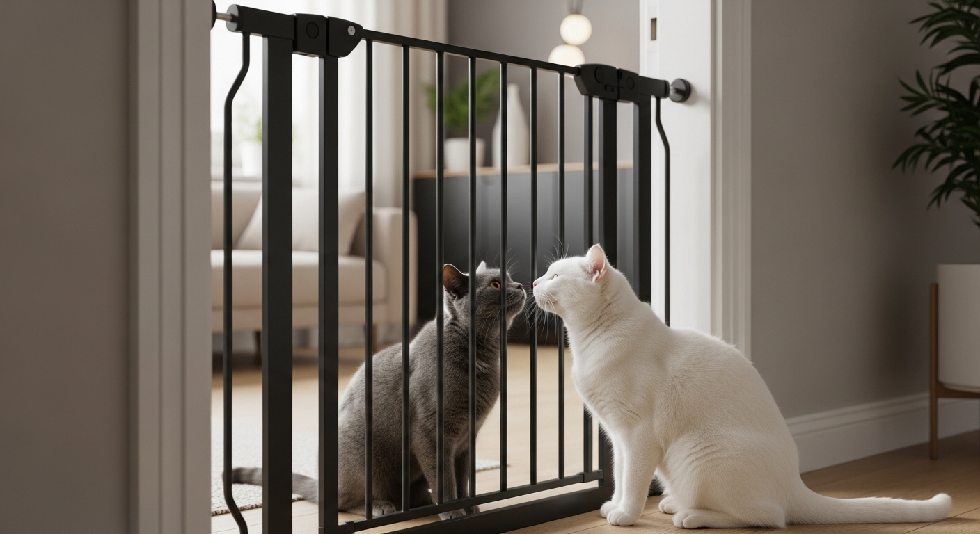 Cómo introducir un gato nuevo a un hogar donde ya hay otro (sin guerra) 2 Dos gatos se olfatean a traves de una puerta para bebes usada como barrera segura