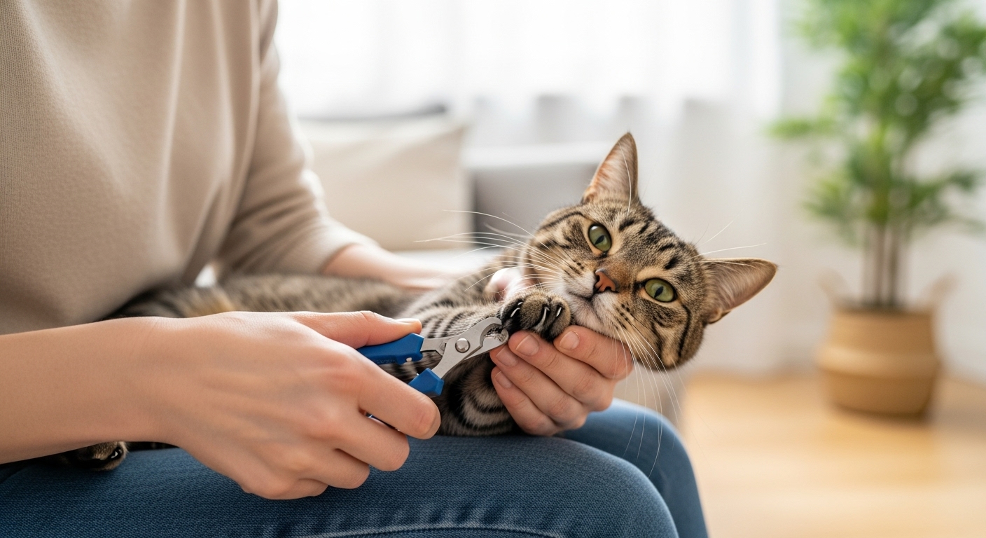 Por qué los gatos amasan "pan" con sus patas (comportamiento explicado) 2 Dueno recortando las unas de las patas delanteras de un gato tranquilo en casa