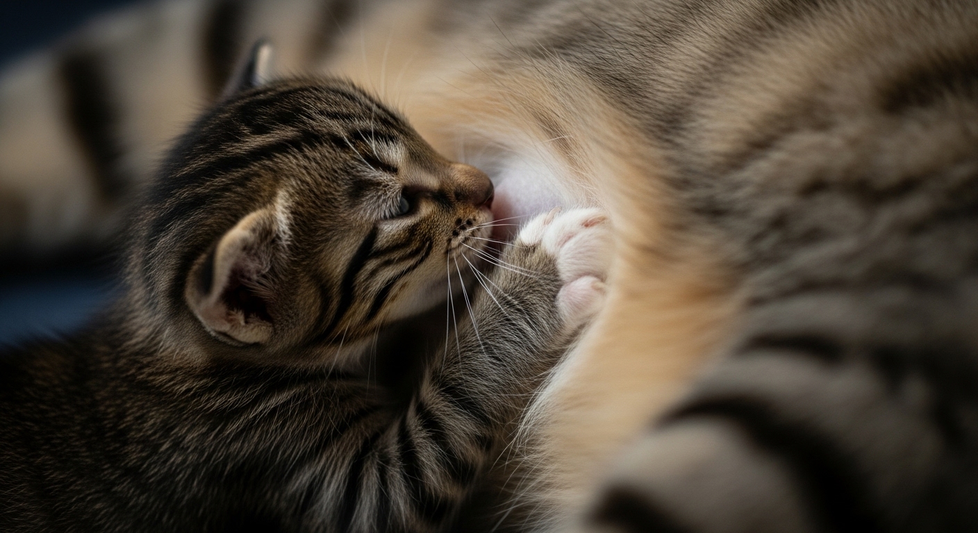 Por qué los gatos amasan "pan" con sus patas (comportamiento explicado) 1 Gatito recien nacido amasando el vientre de su madre gata mientras se alimenta