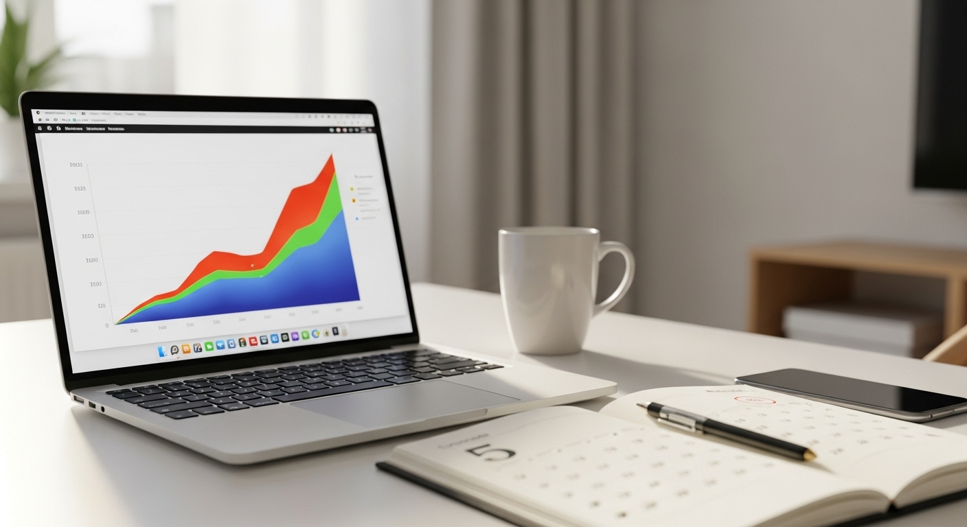 Cómo ahorrar dinero sin darte cuenta (trucos de automatización) 2 Grafico de inversion en portatil junto a calendario marcando fecha de aportacion recurrente