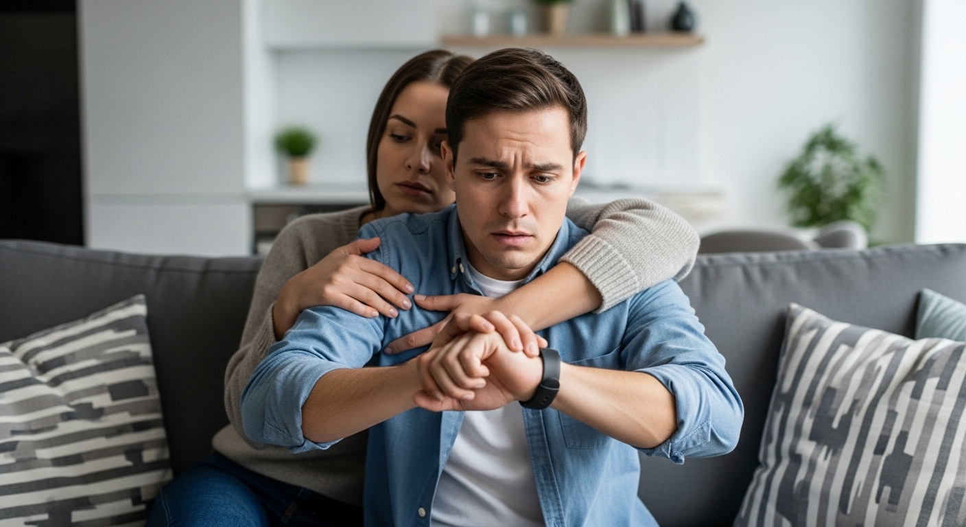Lenguaje del amor: qué es el "toque físico" y cómo expresarlo si no es tu estilo 1 Hombre dando un abrazo forzado y cronometrado a su pareja ejemplo de contacto fisico no autentico