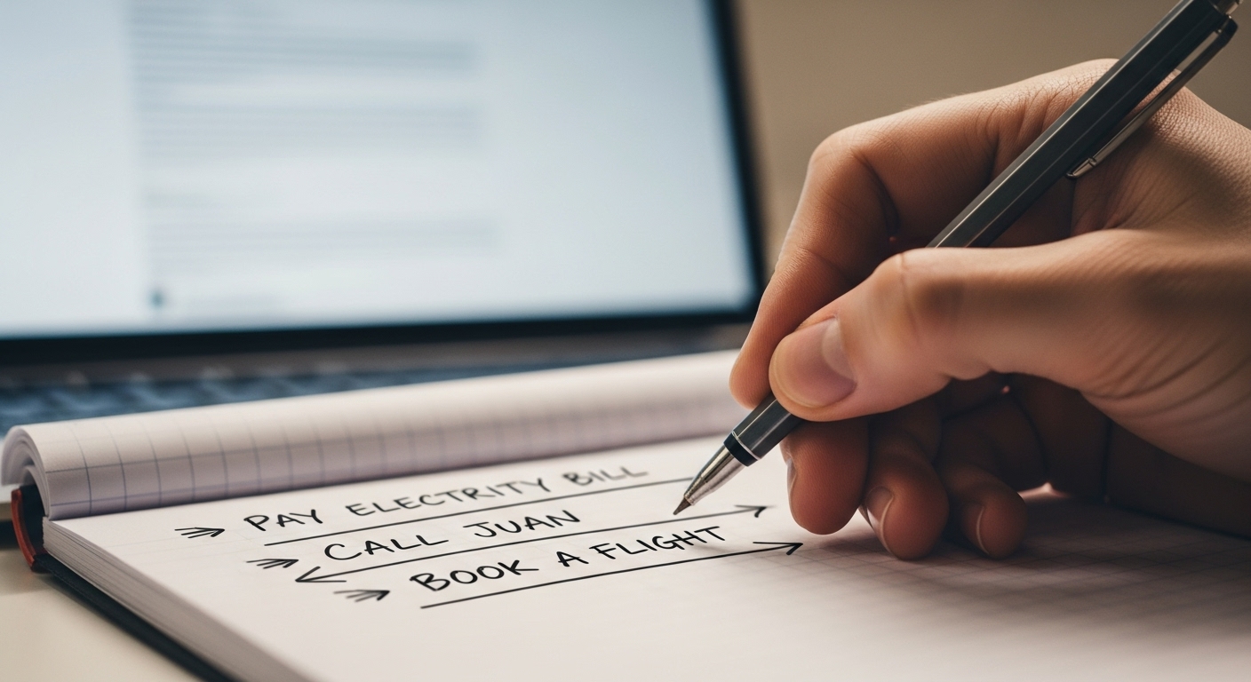 La técnica Pomodoro: por qué funciona (y errores que la arruinan) 1 Hombre o mujer anotando distracciones e ideas intrusas en un bloc de papel durante un Pomodoro