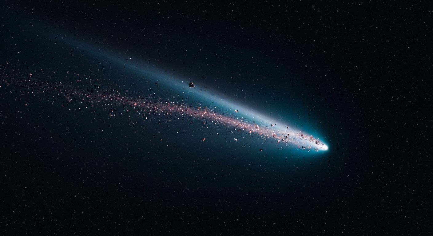 Qué es la "lluvia de estrellas" y cuándo puedes ver la próxima (guía sencilla) 1 Ilustracion conceptual de un cometa dejando una estela de polvo y escombros en el espacio origen de las lluvias de meteoros