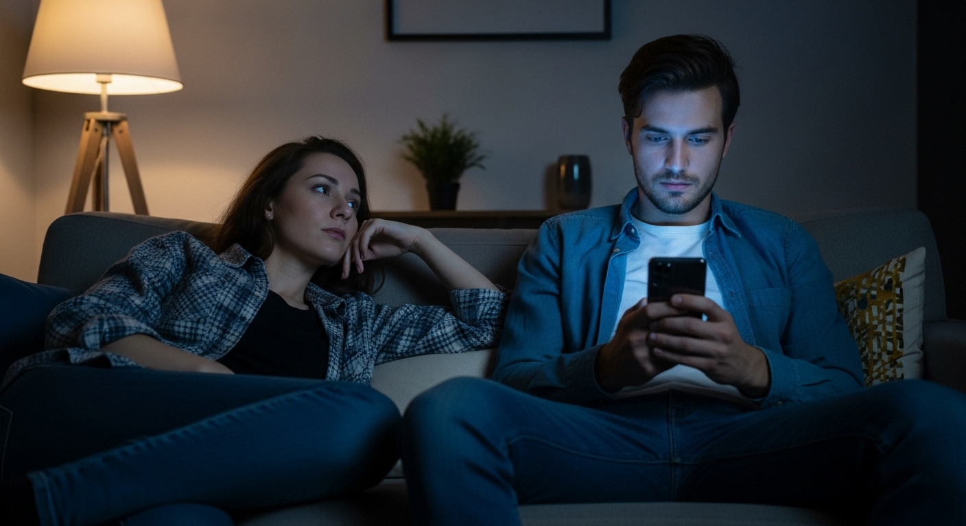 "Phubbing": qué es y por qué está dañando silenciosamente tus relaciones 2 Pareja en el sofa mostrando desconexion por el uso del telefono movil phubbing en la intimidad del hogar