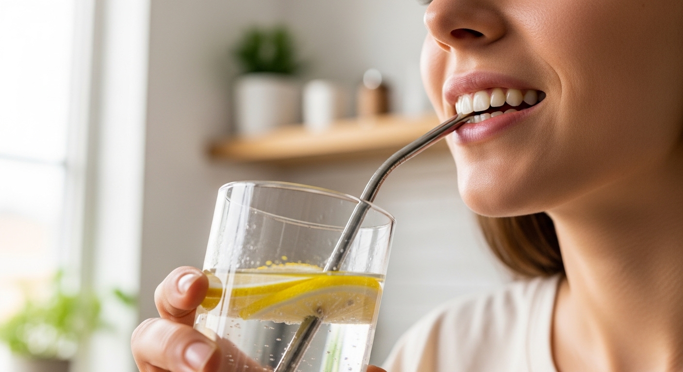 Qué pasa si bebes agua con limón en ayunas todos los días (pros y contras reales) 2 Persona bebiendo agua con limon usando una pajita reusable para proteger los dientes