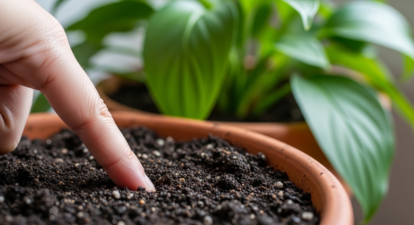 Plantas de interior que purifican el aire (y son casi imposibles de matar) 2 Persona comprobando la humedad de la tierra de una maceta antes de regar