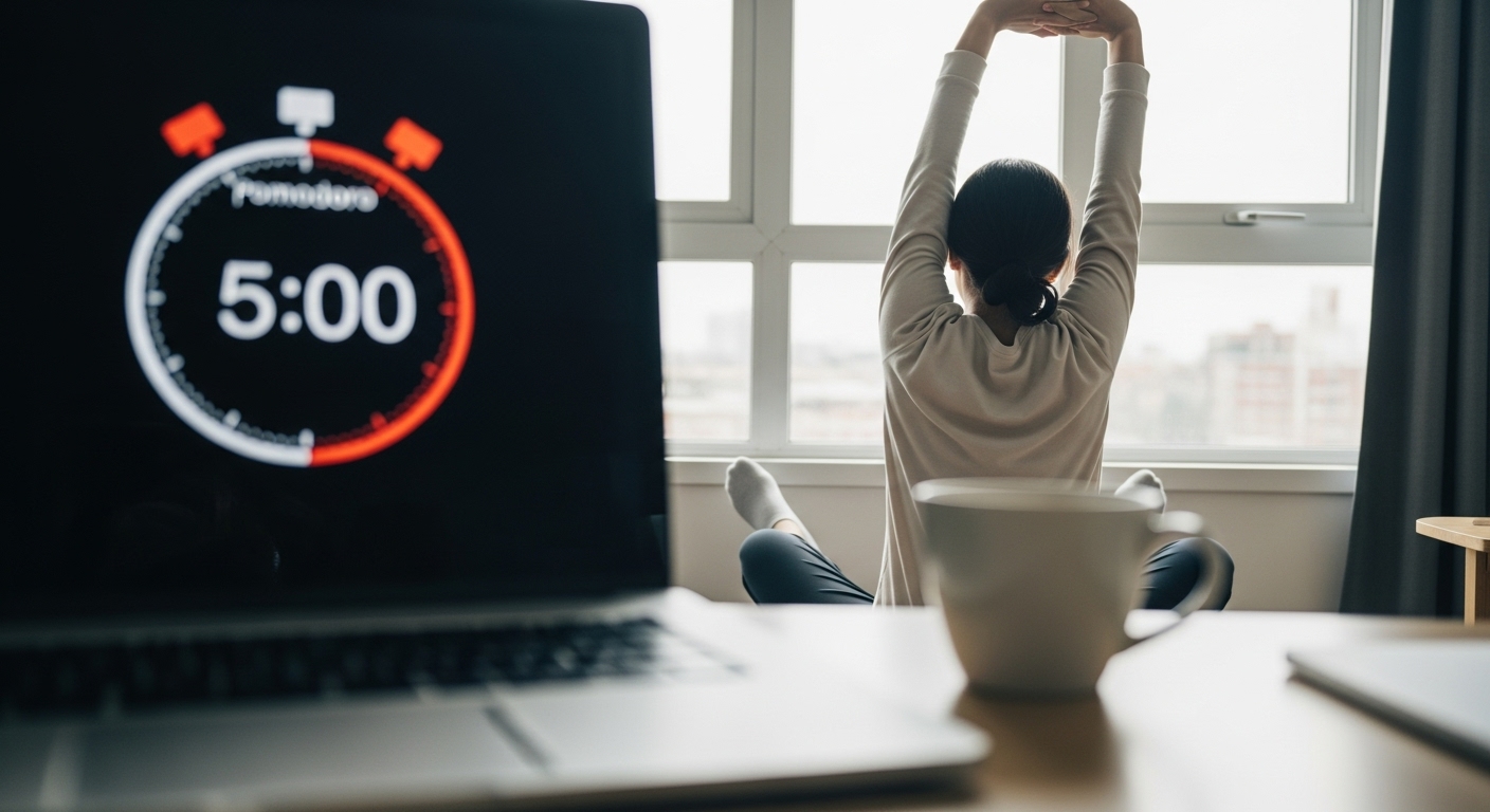 La técnica Pomodoro: por qué funciona (y errores que la arruinan) 2 Persona estirandose y tomando un descanso lejos de la pantalla durante un intervalo Pomodoro