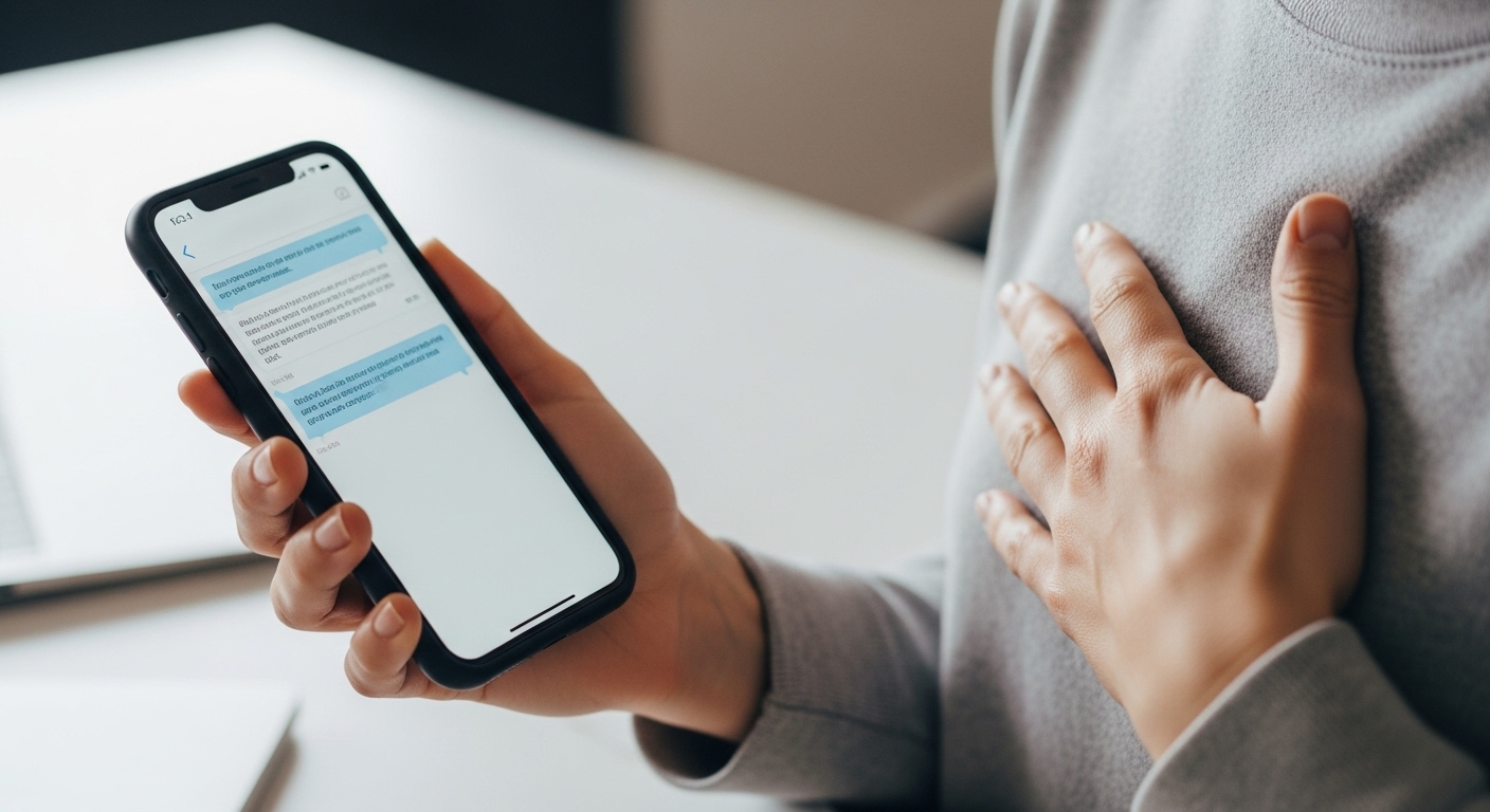 La regla del 4-7-8: el ejercicio de respiración que promete vencer la ansiedad en minutos 2 Persona tomandose un momento para hacer respiracion 4 7 8 antes de reaccionar a un mensaje estresante