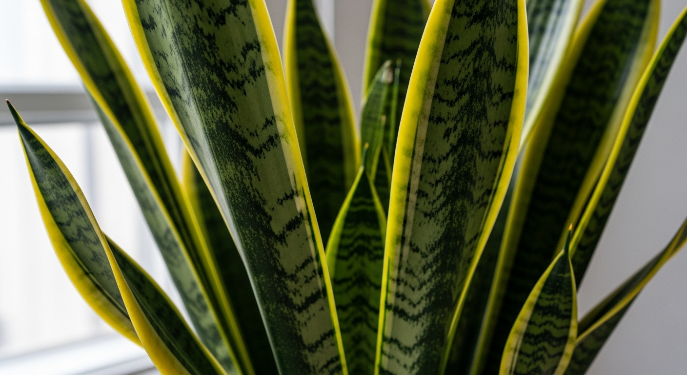 Plantas de interior que purifican el aire (y son casi imposibles de matar) 1 Primer plano de las hojas de la planta Sansevieria purificadora de aire nocturna y resistente