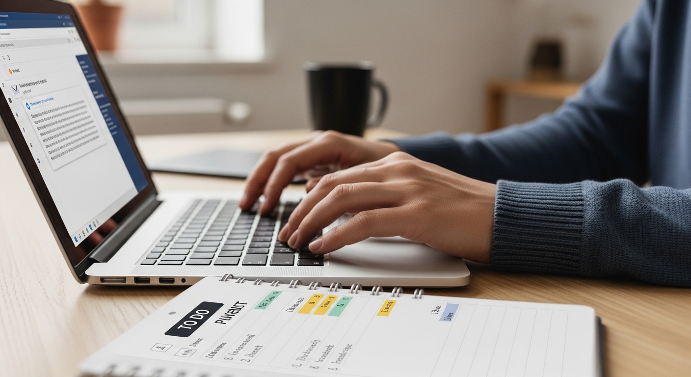 Cómo decir "no" en el trabajo sin sonar negativo o poco cooperativo 1 Primer plano de manos priorizando tareas en una agenda digital frente a un nuevo correo electronico