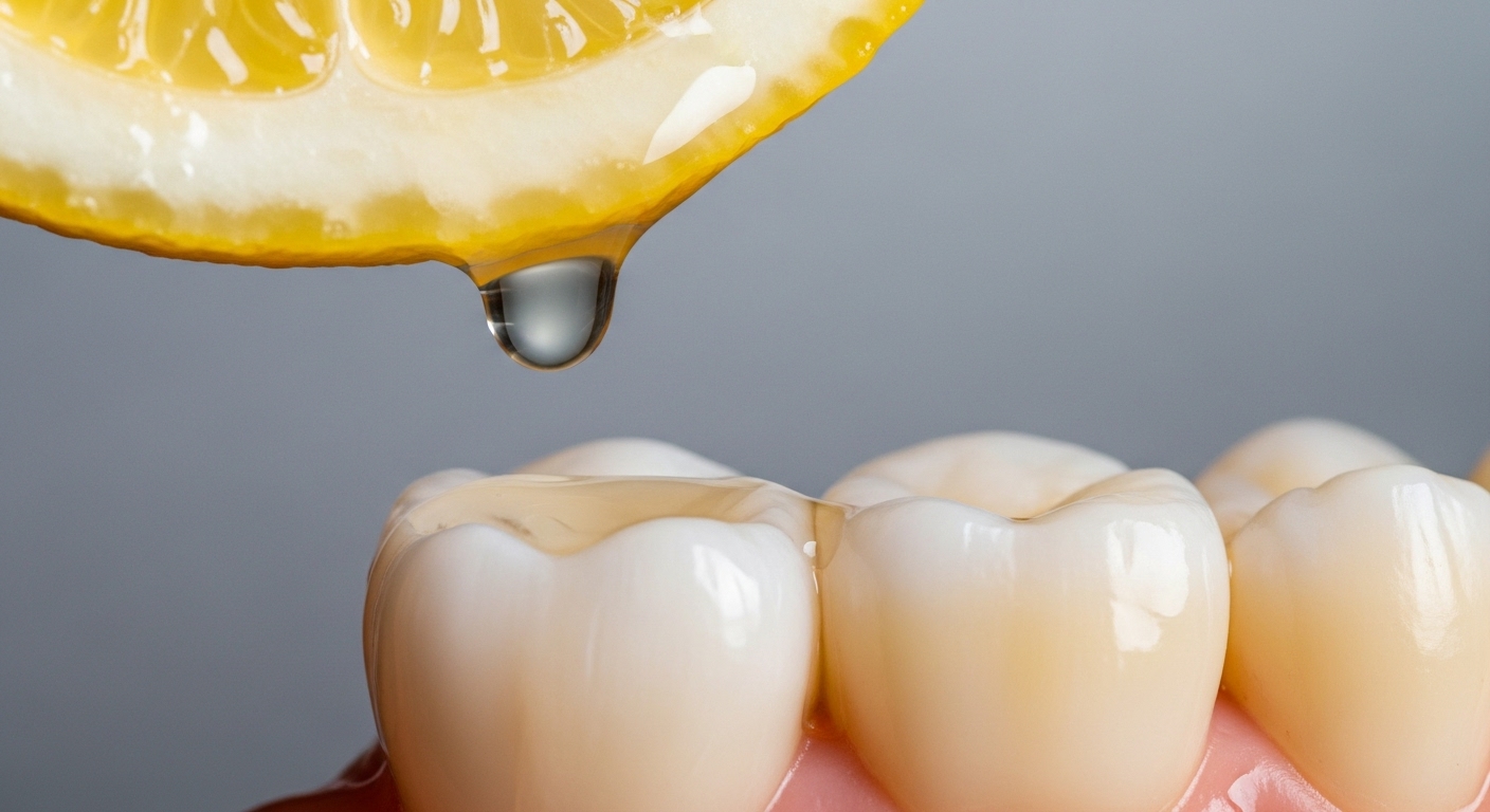 Qué pasa si bebes agua con limón en ayunas todos los días (pros y contras reales) 1 Primer plano de un diente y una gota de acido de limon representando el riesgo de erosion dental