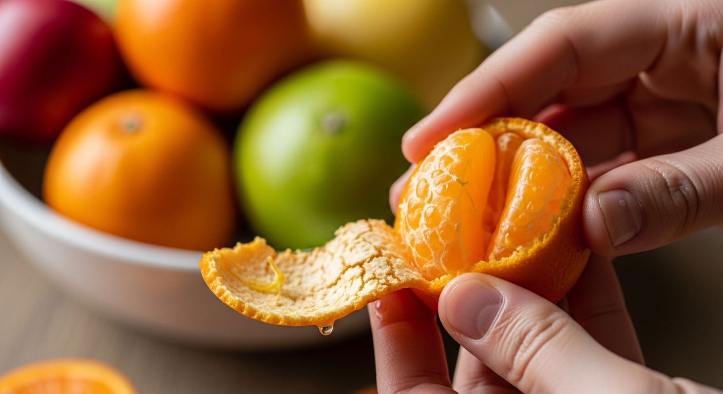 Qué pasa en tu cuerpo si dejas el azúcar por 30 días (lo bueno y lo malo) 2 Primer plano de una mandarina fresca siendo pelada simbolo de redescubrir la dulzura natural