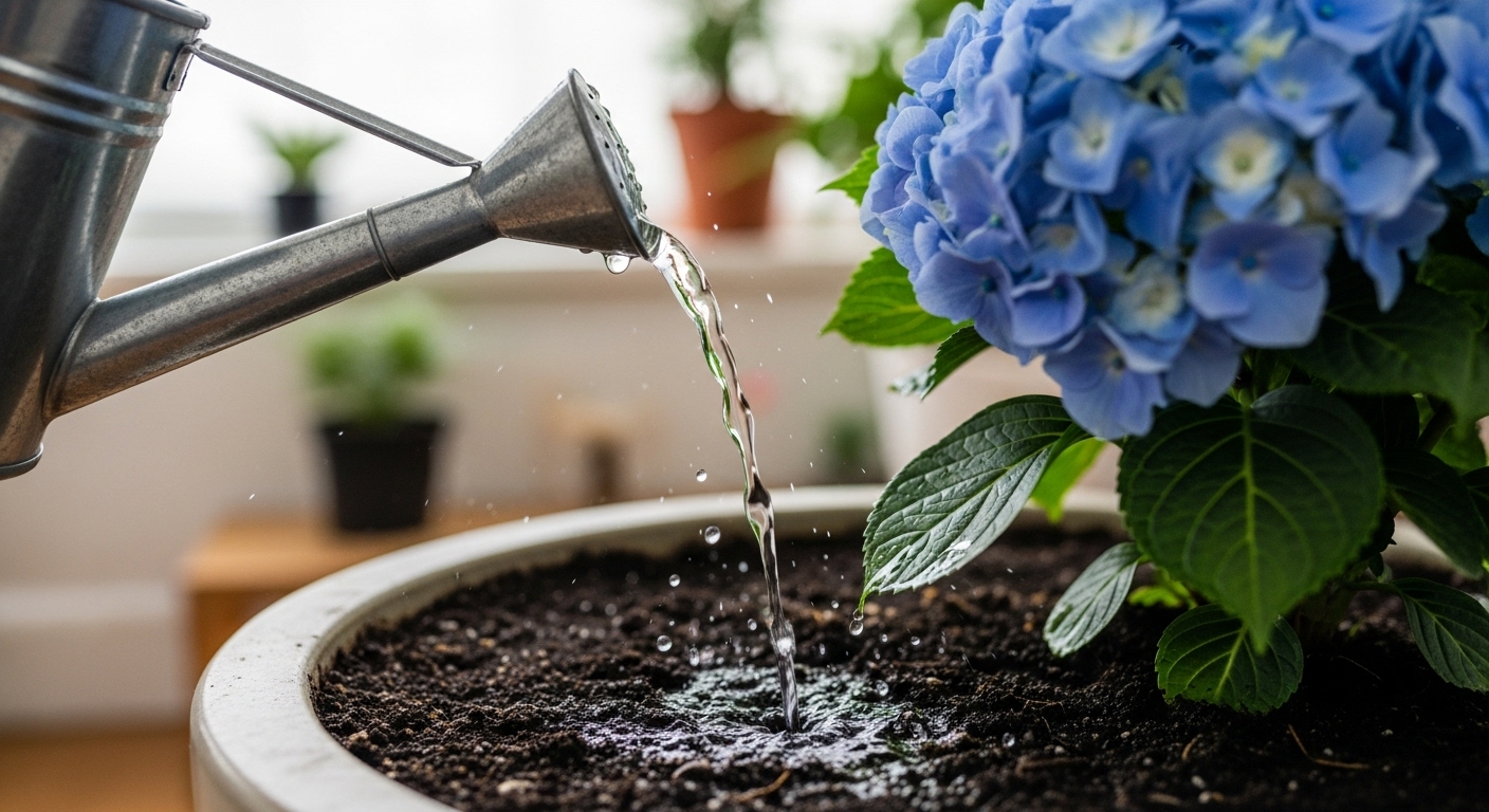 Usos del vinagre blanco que probablemente no conocías (más allá de limpiar) 2 Regando una hortensia con una solucion suave de vinagre para mantener la acidez del suelo