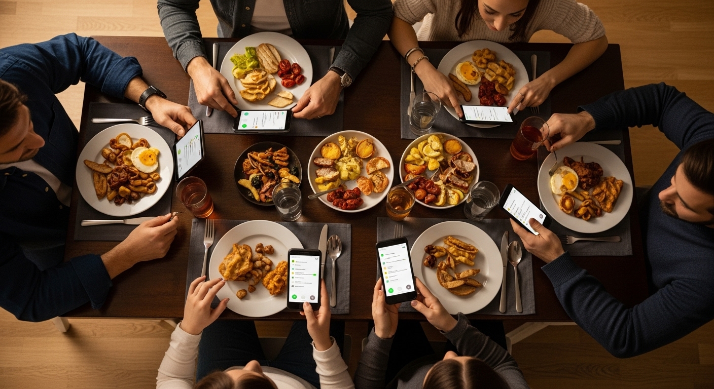 "Phubbing": qué es y por qué está dañando silenciosamente tus relaciones 1 Vista aerea de telefonos moviles en una mesa familiar durante la cena ejemplo de phubbing grupal