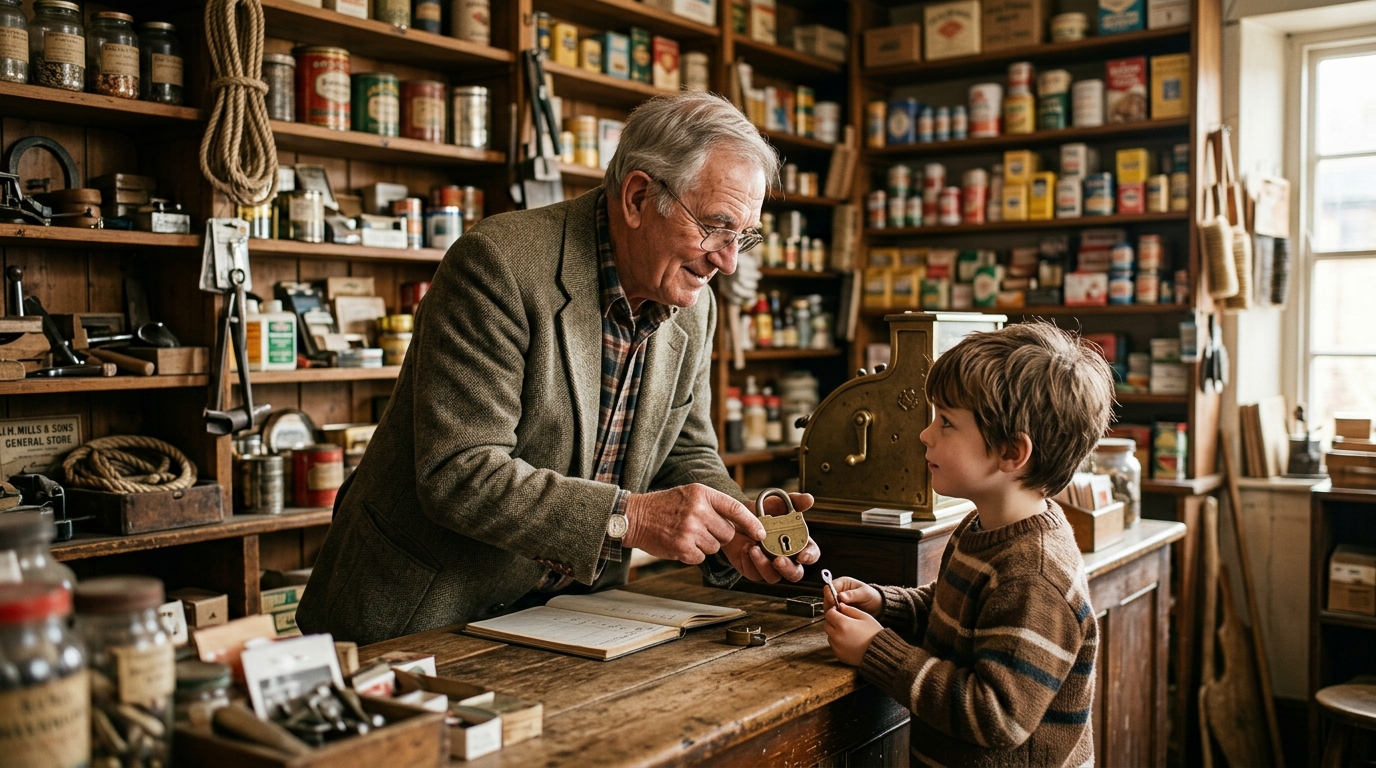 El origen de los apodos más comunes en el mundo hispanohablante 2 Abuelo y nieto en una tienda de pueblo representando la herencia de apodos familiares