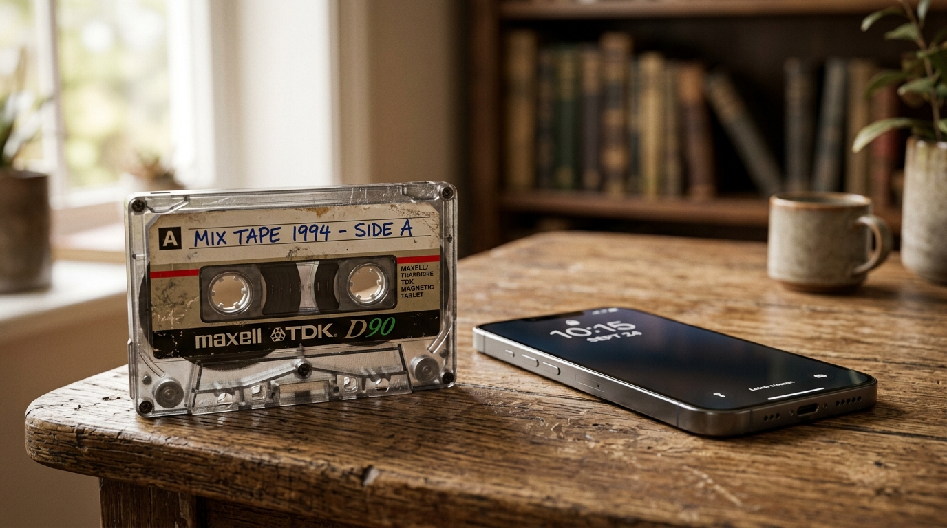 Por qué recordamos canciones de la infancia con tanta claridad (incluso la letra) 1 Cassette antiguo y smartphone moderno representando la musica del pasado y el presente