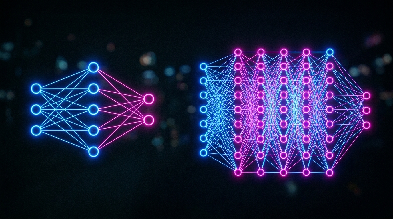 Qué es la inteligencia artificial y cómo funciona de forma sencilla (sin trucos) 2 Comparacion visual entre una red simple de Machine Learning y una red profunda de Deep Learning