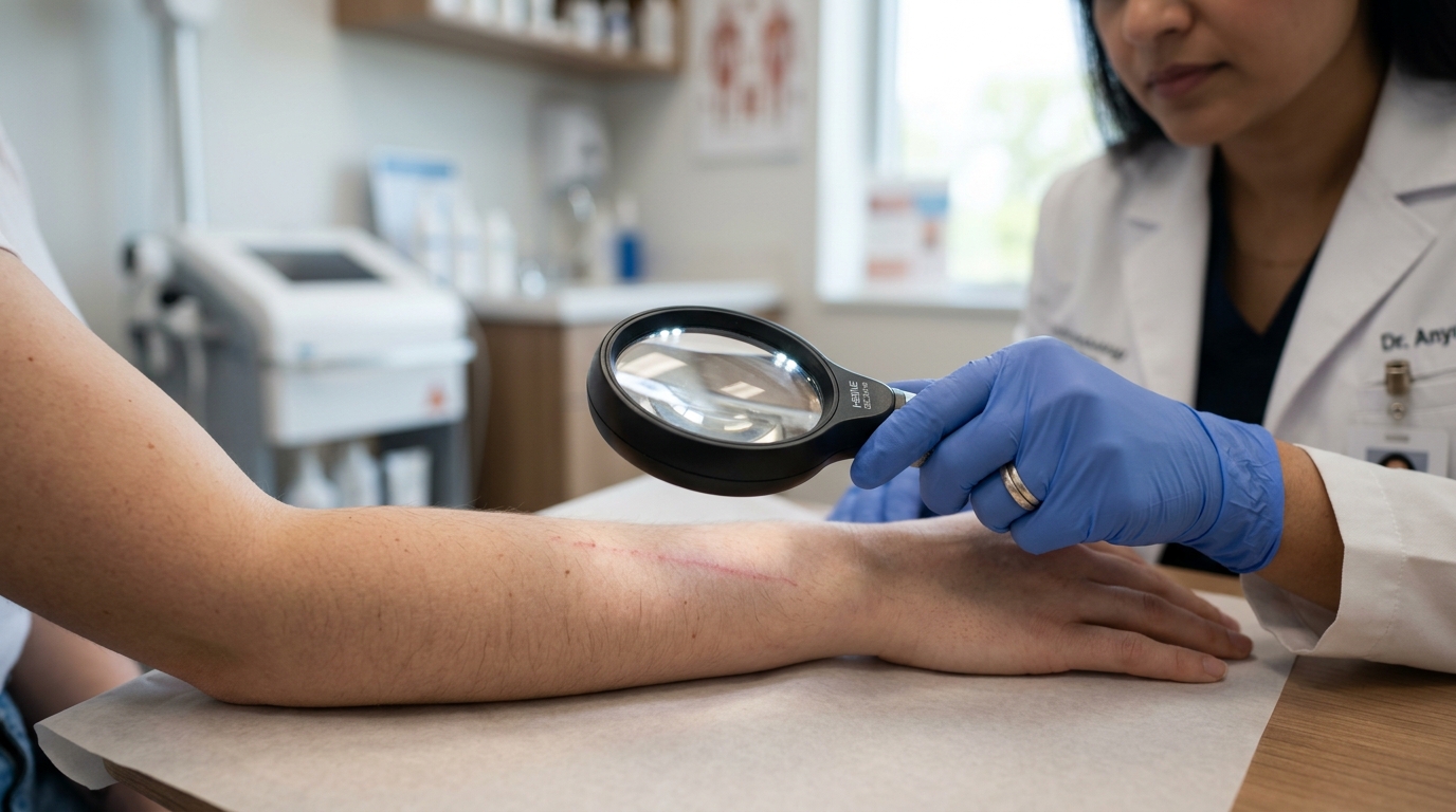 Qué son las líneas de Blaschko y por qué tu piel las tiene invisibles 2 Dermatologo examinando una linea en el brazo que podria seguir el patron de Blaschko