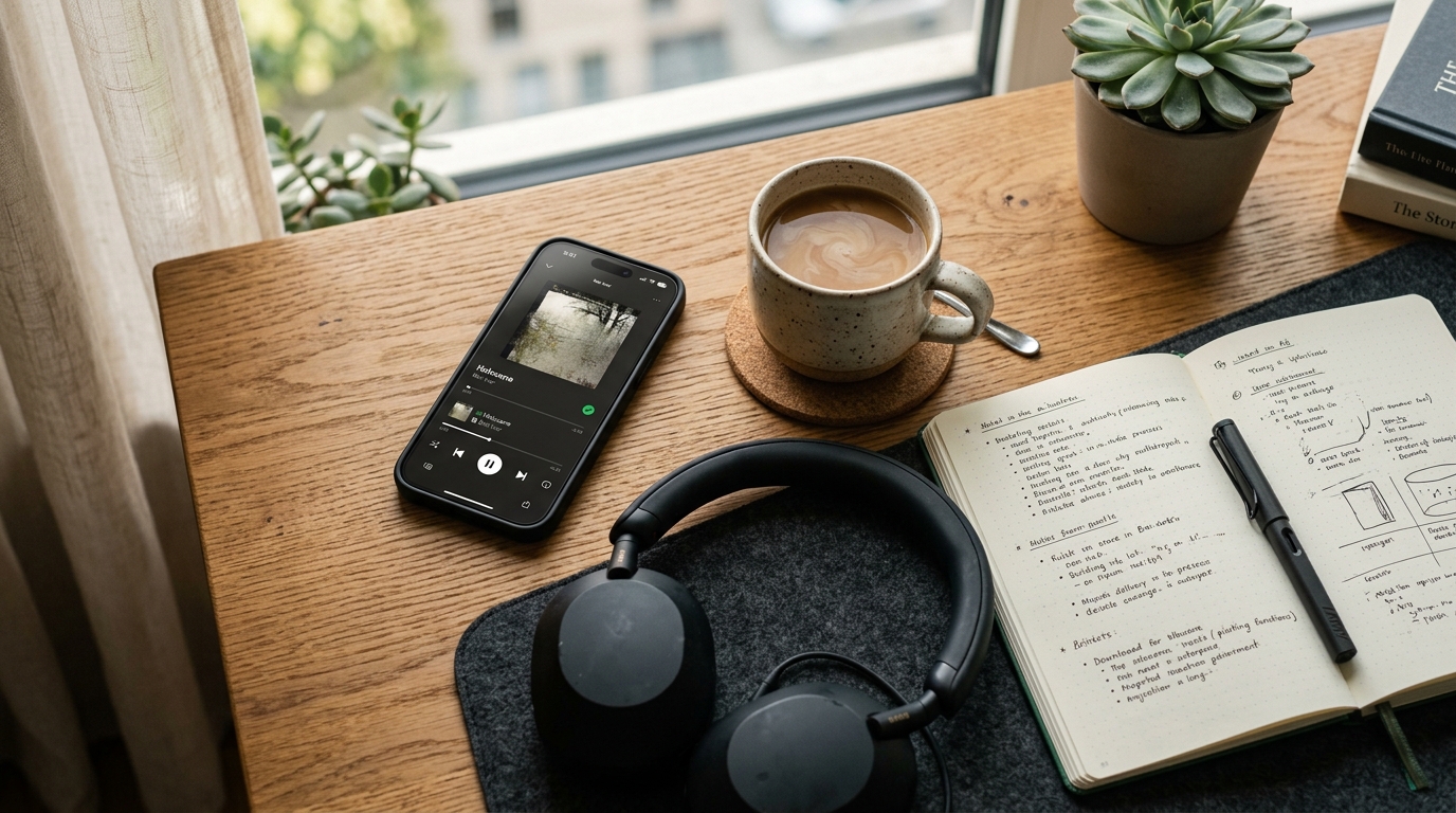 Qué es la inteligencia artificial y cómo funciona de forma sencilla (sin trucos) 1 Escritorio moderno con smartphone y auriculares simbolizando el uso diario de la IA