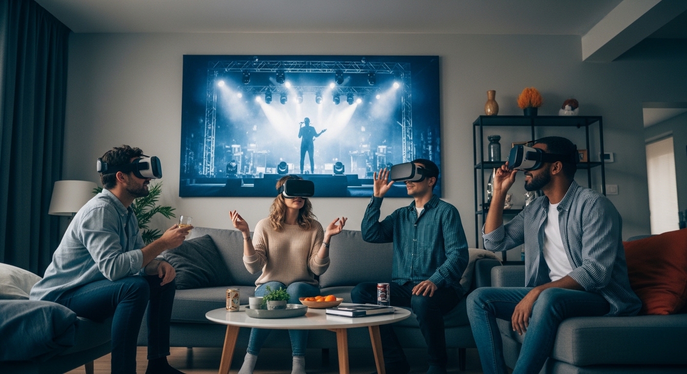 Qué es el metaverso y cómo podría cambiar las redes sociales para siempre 2 Grupo de amigos disfrutando de un concierto virtual desde su salon usando gafas de realidad virtual