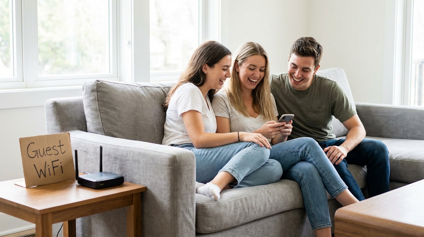 Ciberseguridad en casa: protege tu wifi y dispositivos como un profesional 1 Grupo de amigos usando sus moviles conectados a una red wifi de invitados en un salon moderno