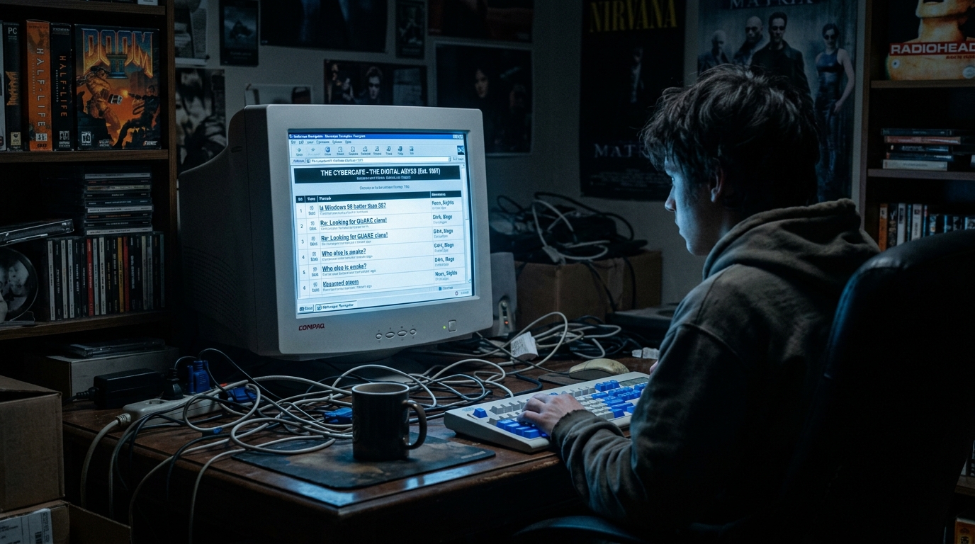 La historia no contada de los memes de Internet que se niegan a morir 1 Habitacion oscura con monitor antiguo de foro de internet de los 90