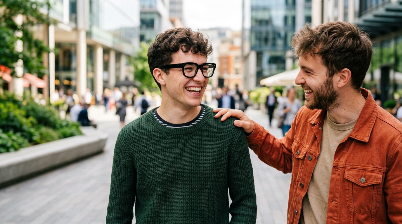 El origen de los apodos más comunes en el mundo hispanohablante 1 Hombre con gafas sonriendo mientras un amigo le pone un apodo carinoso