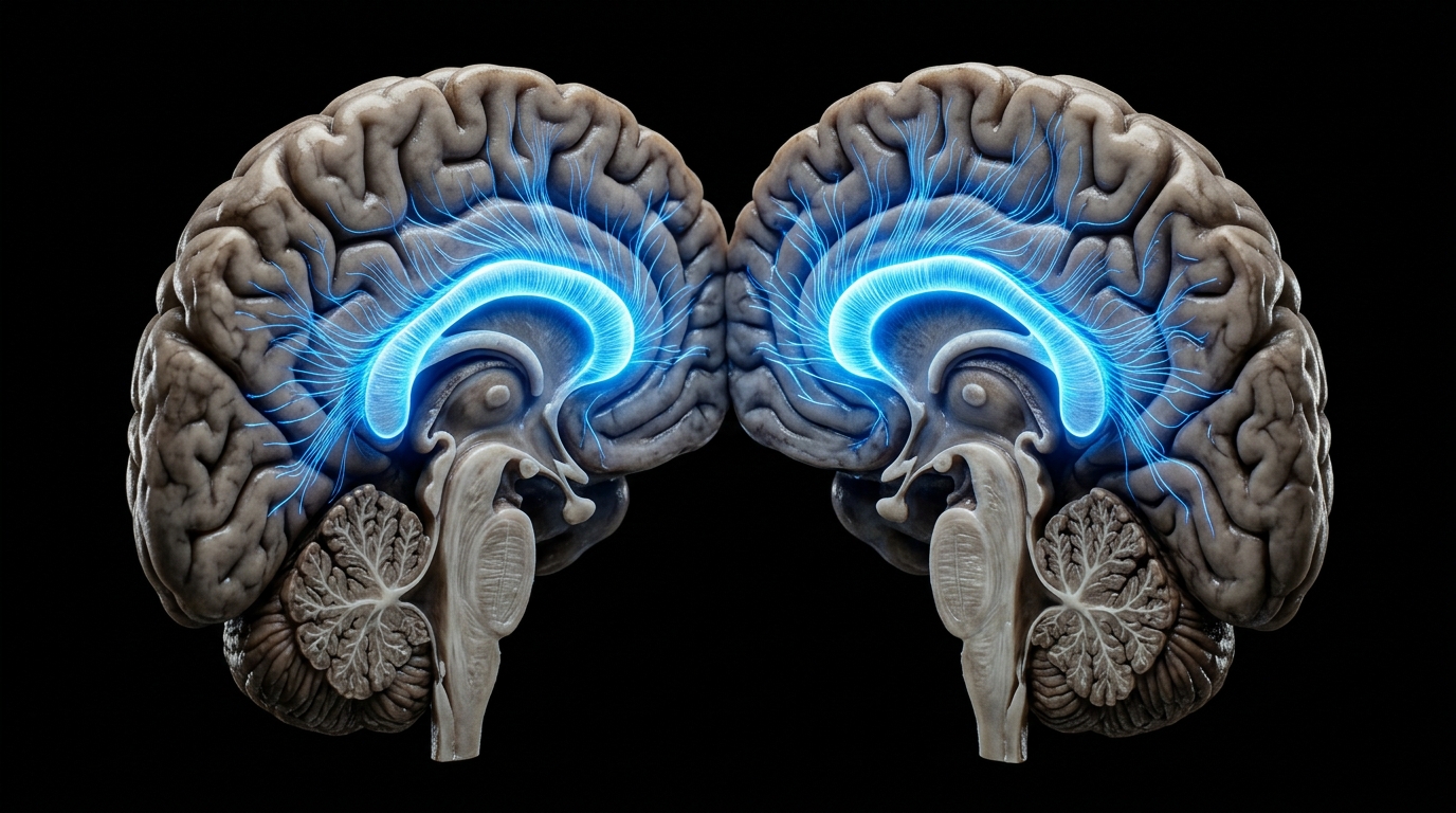 Qué es el síndrome de la mano extraña y otras rarezas neurológicas reales 1 Ilustracion del cerebro humano mostrando el cuerpo calloso iluminado