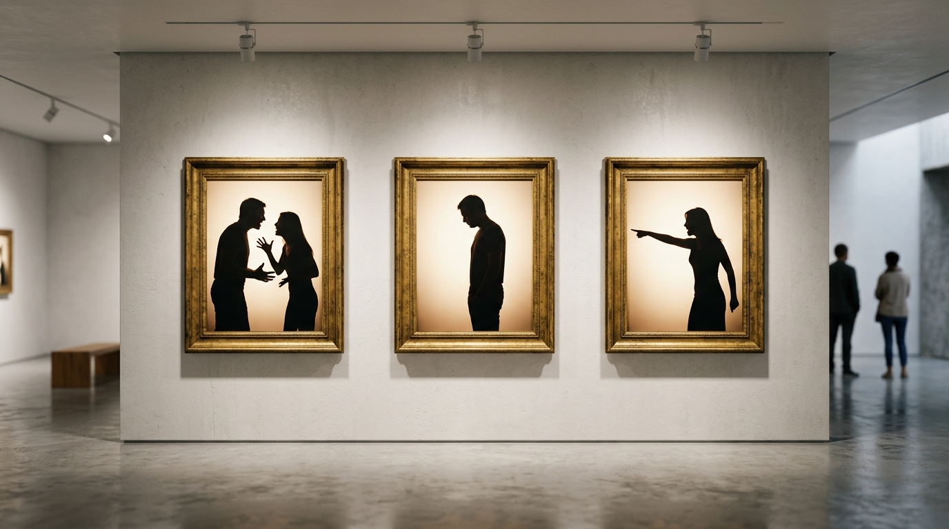 La historia no contada de los memes de Internet que se niegan a morir 2 Instalacion artistica de tres cuadros con siluetas representando el meme del novio distraido