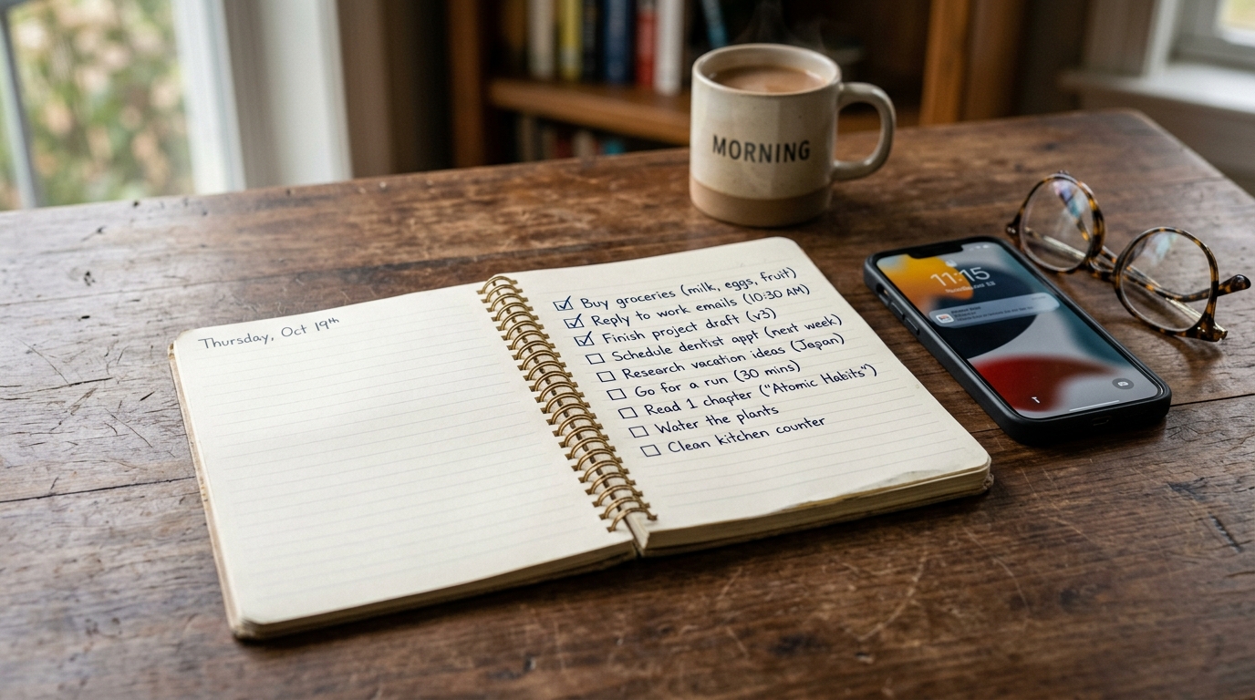 Cómo diferenciar un contenido hecho por IA de uno humano 2 Libreta con checklist manuscrita para analizar si un texto es IA o humano