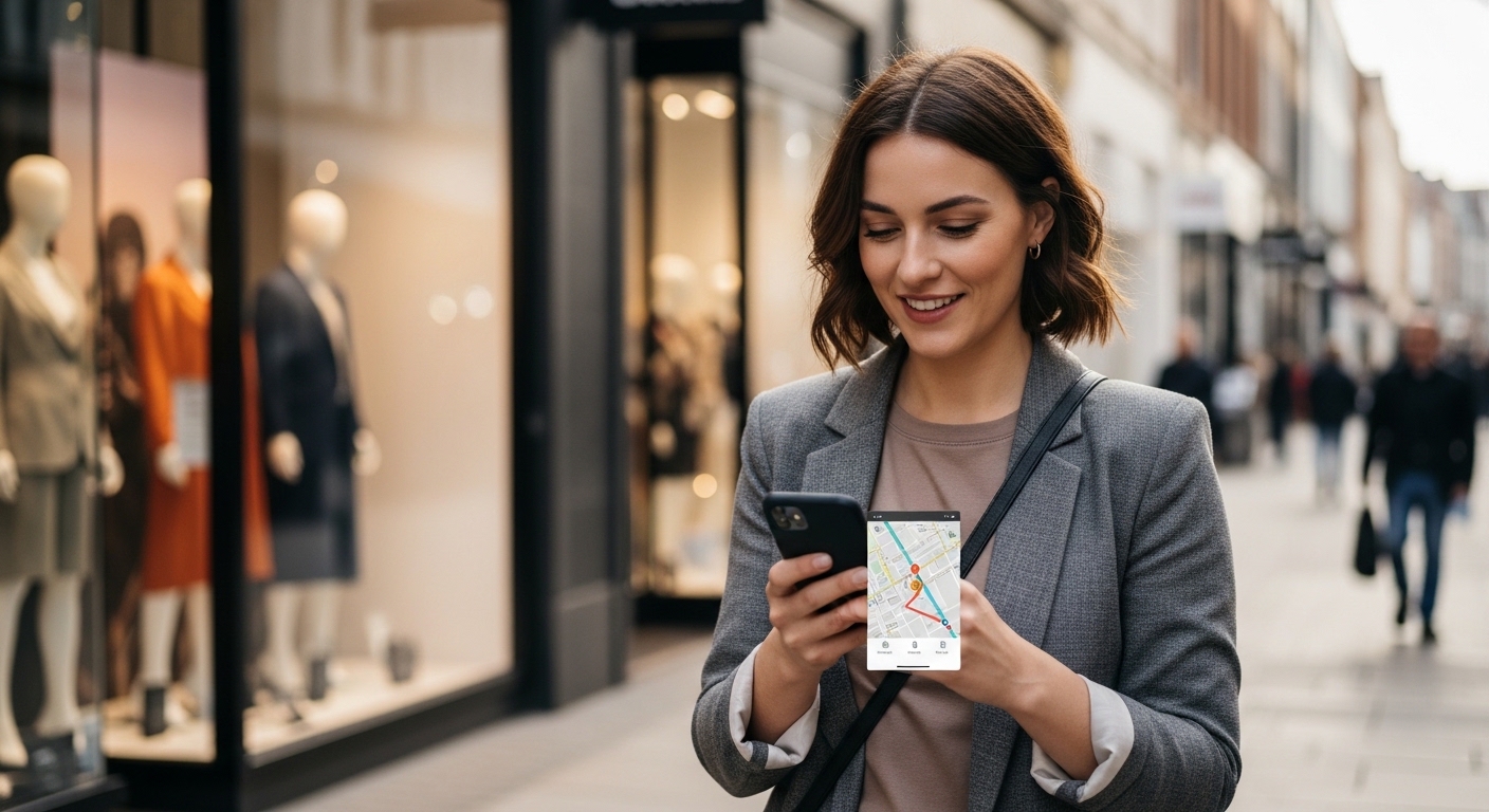 Cómo optimizar tu sitio web para búsqueda por voz en 2025 (y no morir en el intento) 2 Mujer buscando un negocio local por voz en el movil