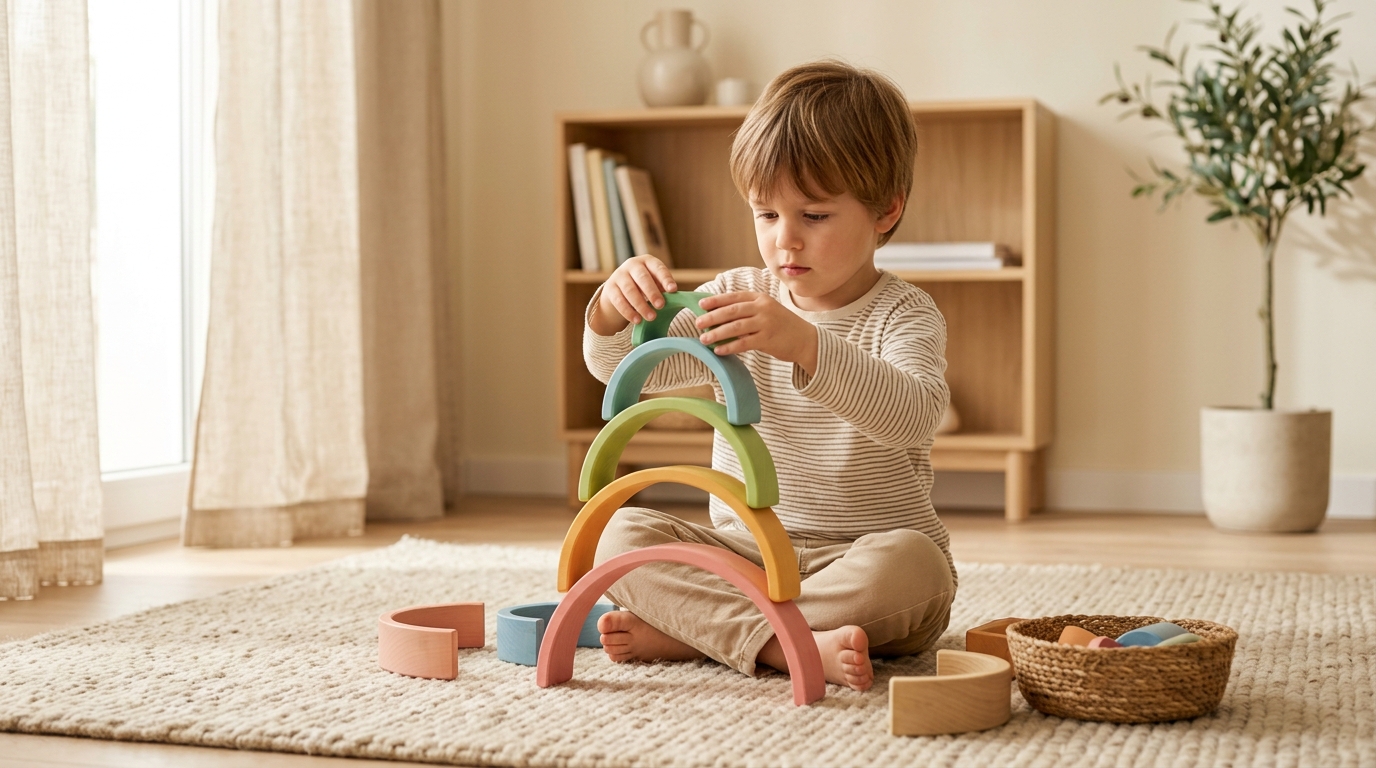 La evolución de los juguetes: de la sencillez a la tecnología (y vuelta a lo simple) 2 Nino jugando con un arcoiris de madera Montessori fomentando el juego libre