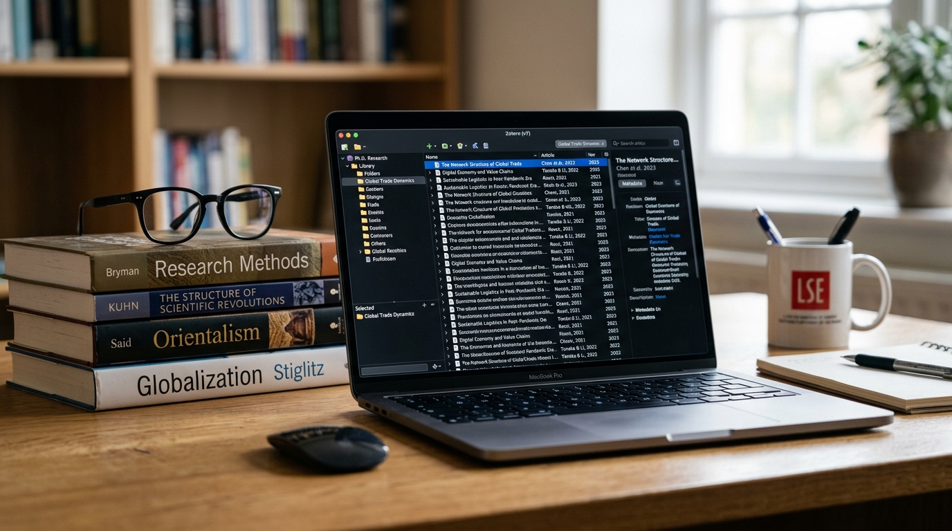 Las mejores apps de productividad para estudiantes (y que no terminarás abandonando a los dos días) 2 Pantalla de ordenador portatil con el gestor de referencias Zotero abierto junto a libros