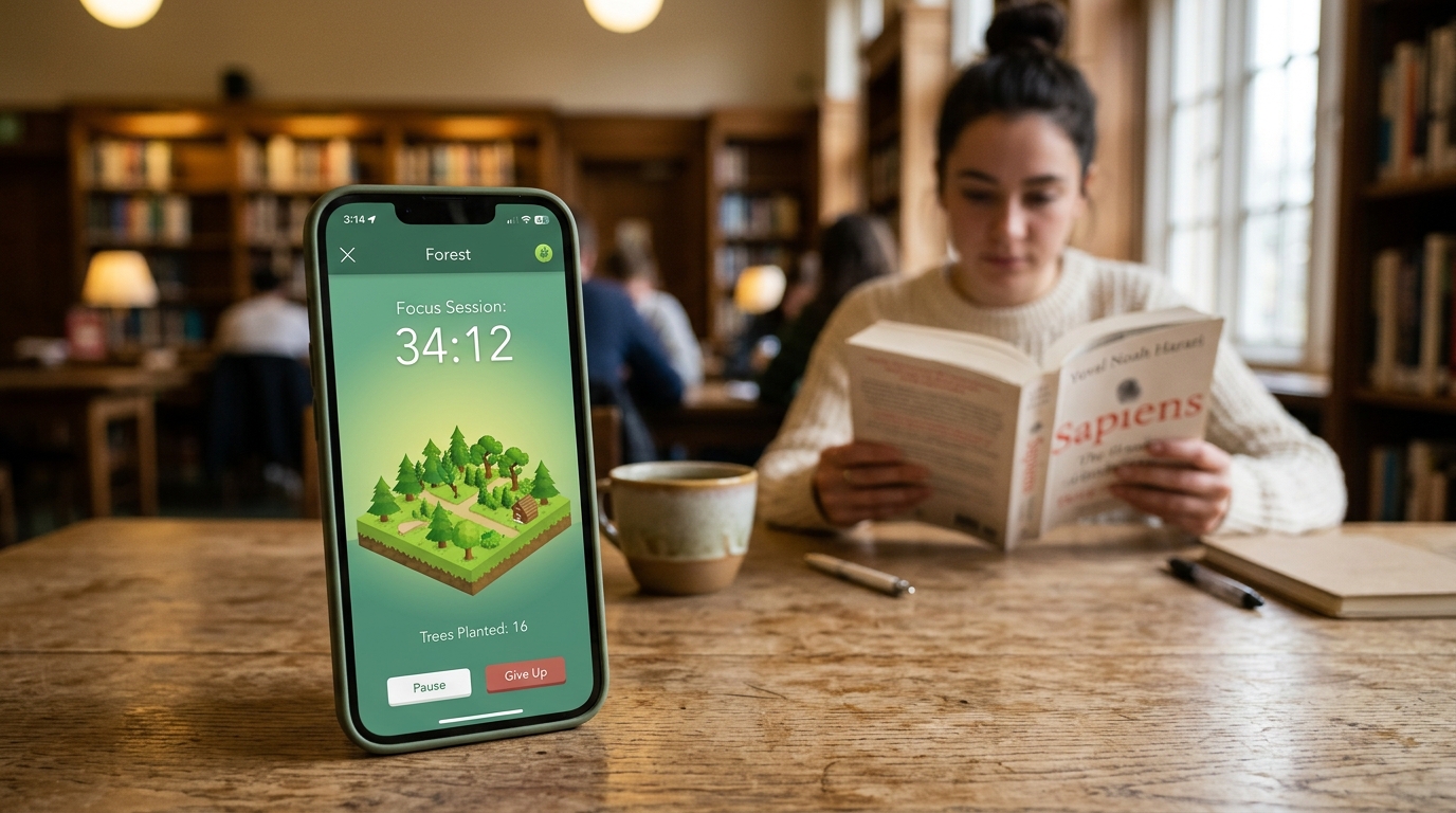 Las mejores apps de productividad para estudiantes (y que no terminarás abandonando a los dos días) 1 Primer plano de movil con la app Forest abierta mientras estudiante lee al fondo