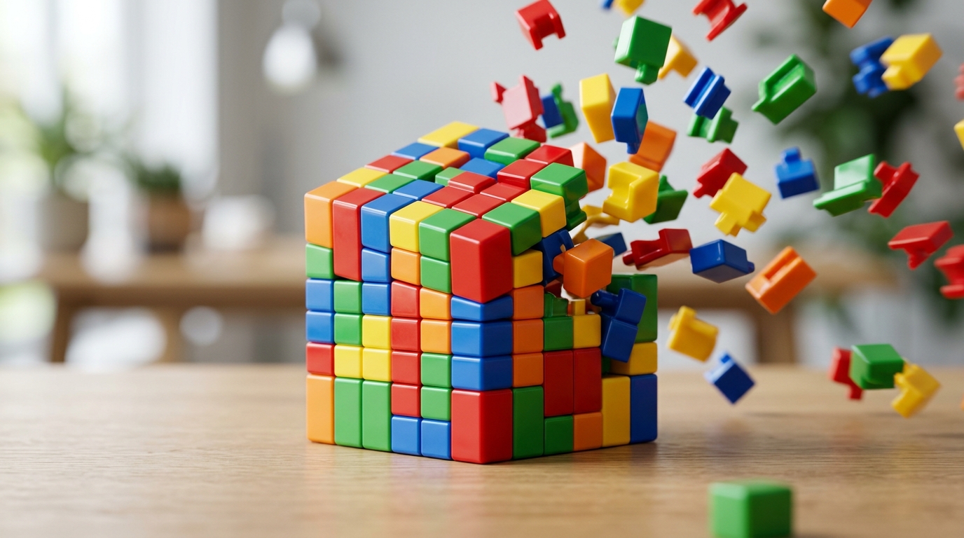 La psicología detrás de los videos de "oddly satisfying" (curiosamente satisfactorios) 1 Primer plano de piezas de colores ensamblandose para formar un cubo perfecto