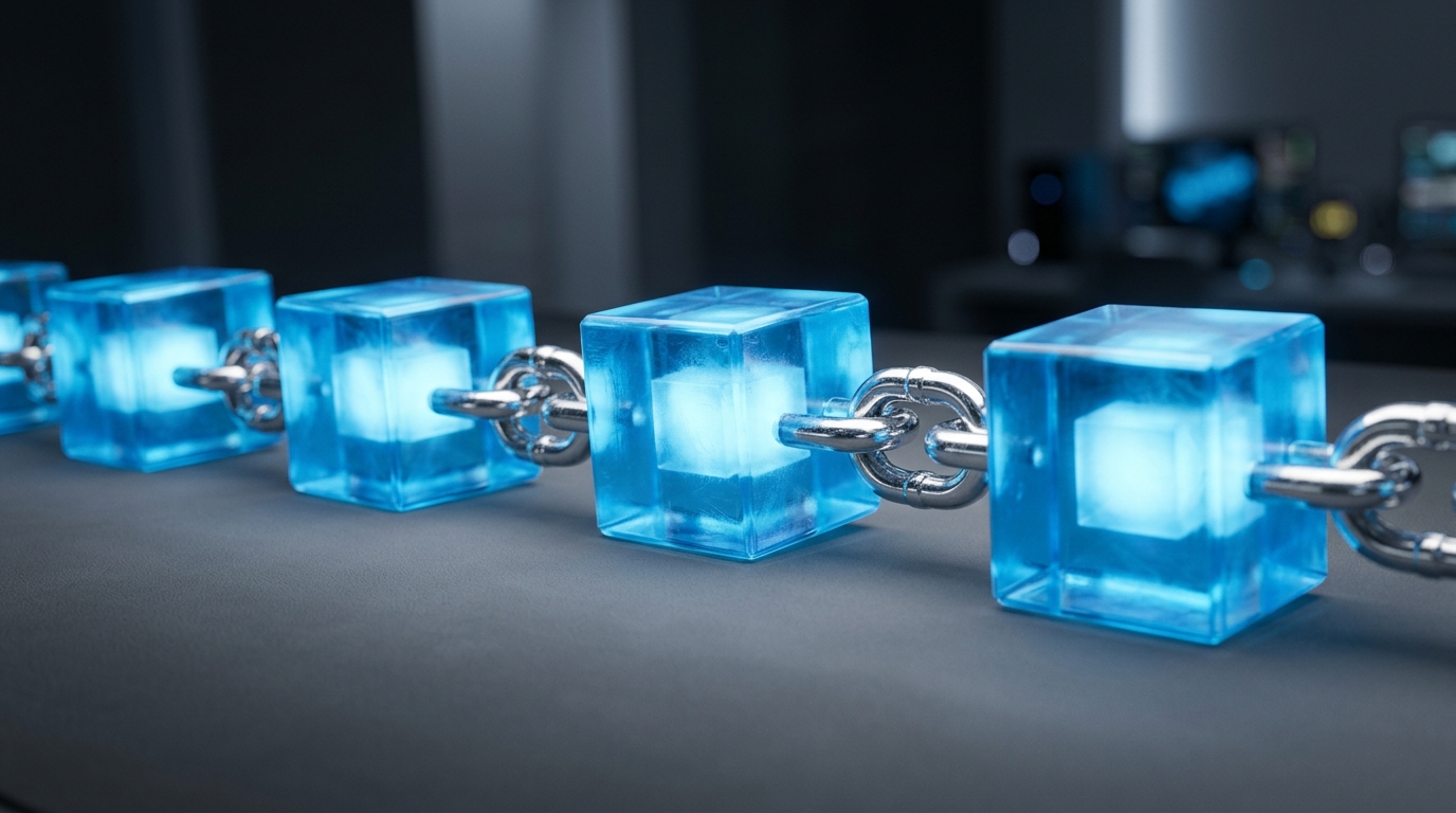 Criptomonedas para principiantes: guía básica de bitcoin para empezar con buen pie 1 Representacion visual de la tecnologia blockchain con bloques azules y una cadena metalica