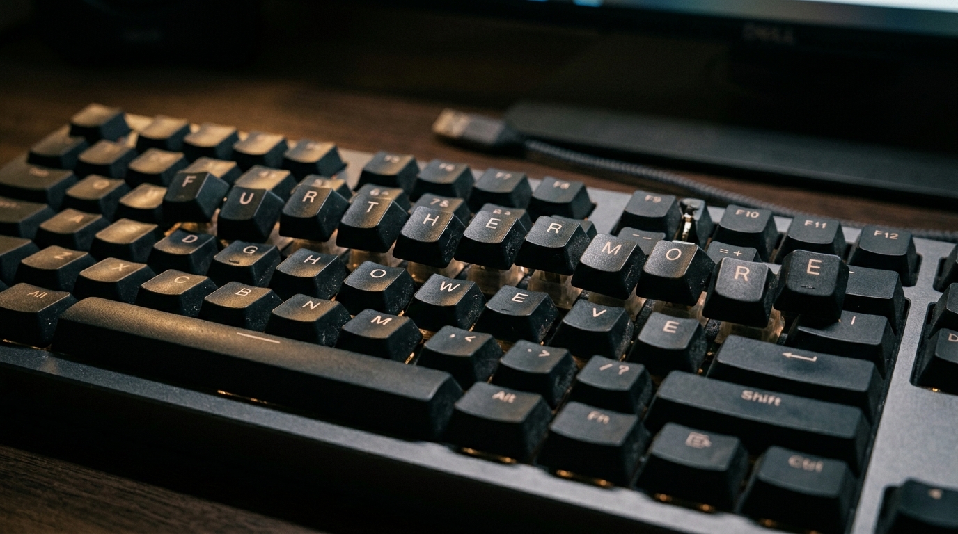 Cómo diferenciar un contenido hecho por IA de uno humano 1 Teclado con teclas de palabras como ademas y sin embargo representando muletillas de la IA