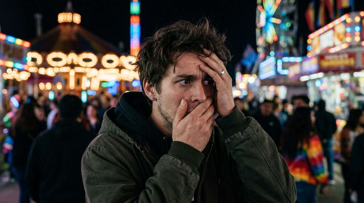 Por qué algunas personas le temen a los payasos (coulrofobia) y su origen real 1 joven con expresion de ansiedad y miedo frente a luces de feria borrosas