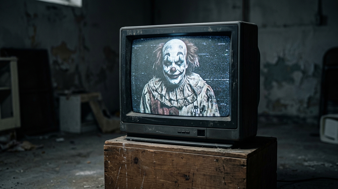 Por qué algunas personas le temen a los payasos (coulrofobia) y su origen real 2 television en habitacion oscura mostrando imagen granulada de un payaso siniestro