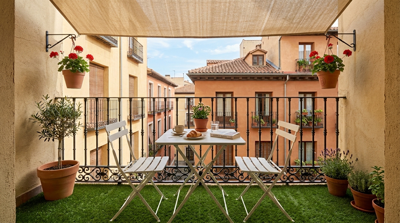 Césped artificial en Madrid: por qué cada vez más propietarios lo eligen 2 Balcon pequeno decorado con cesped artificial de fibra corta y macetas colgantes